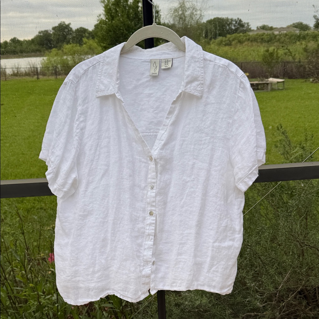 Joie White Short-Sleeve Linen Button-Up V-Neck Blouse